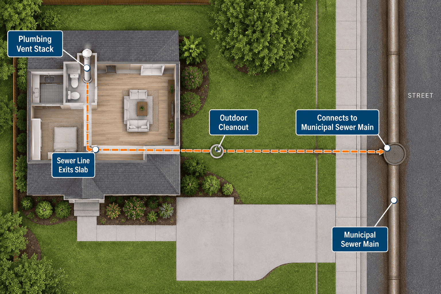 A clean top down conceptual property map illustration showing a residential homes footprint with a clearly marked plumbing