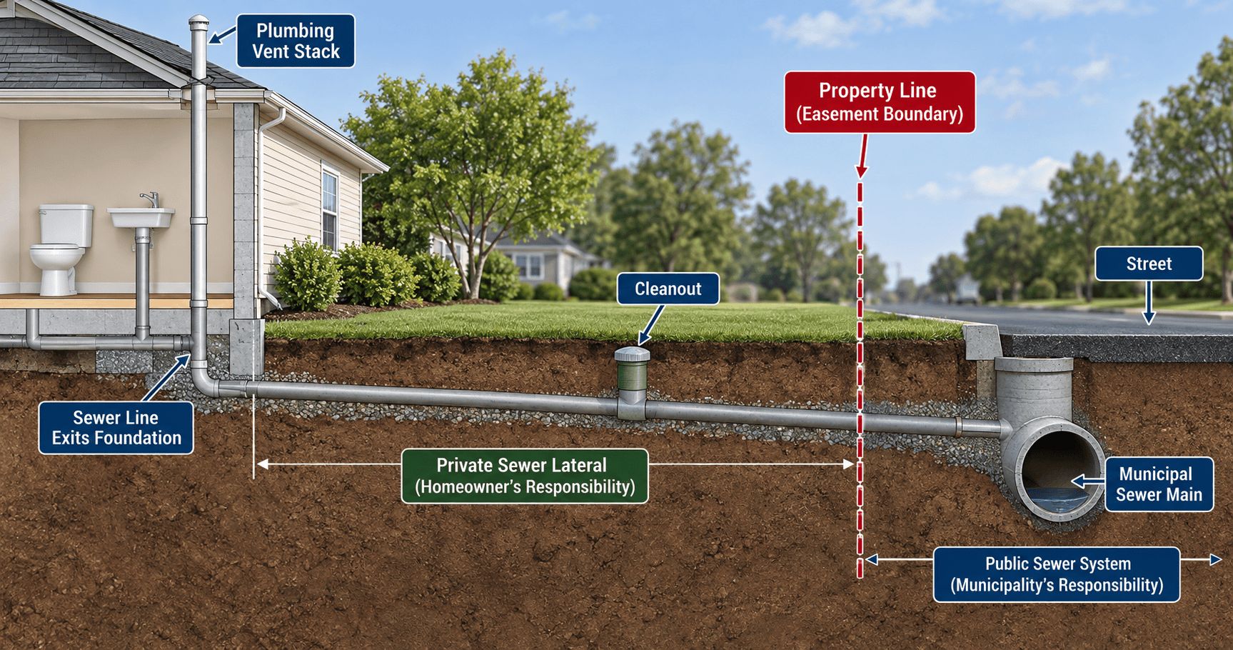 A clean technical diagram illustrating a residential property cross-section showing the private sewer lateral line running underground